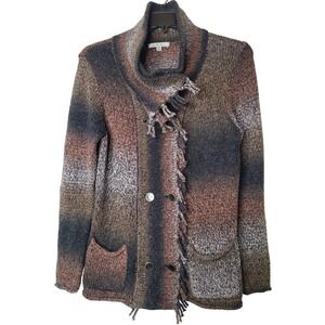 Cabi Knit Sweater Cardigan Medium Brown Black Open Front Fringe Pockets‎